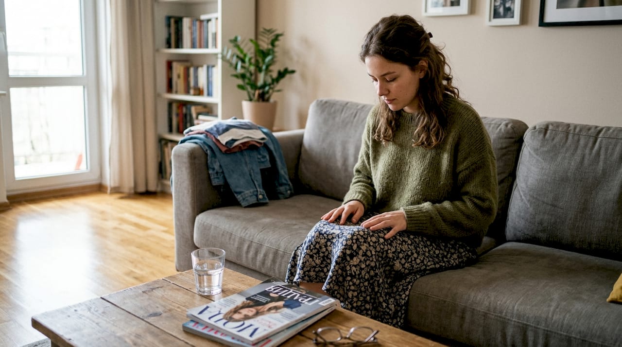 Дама съчетава плетен пуловер с копринена пола за стилна визия.