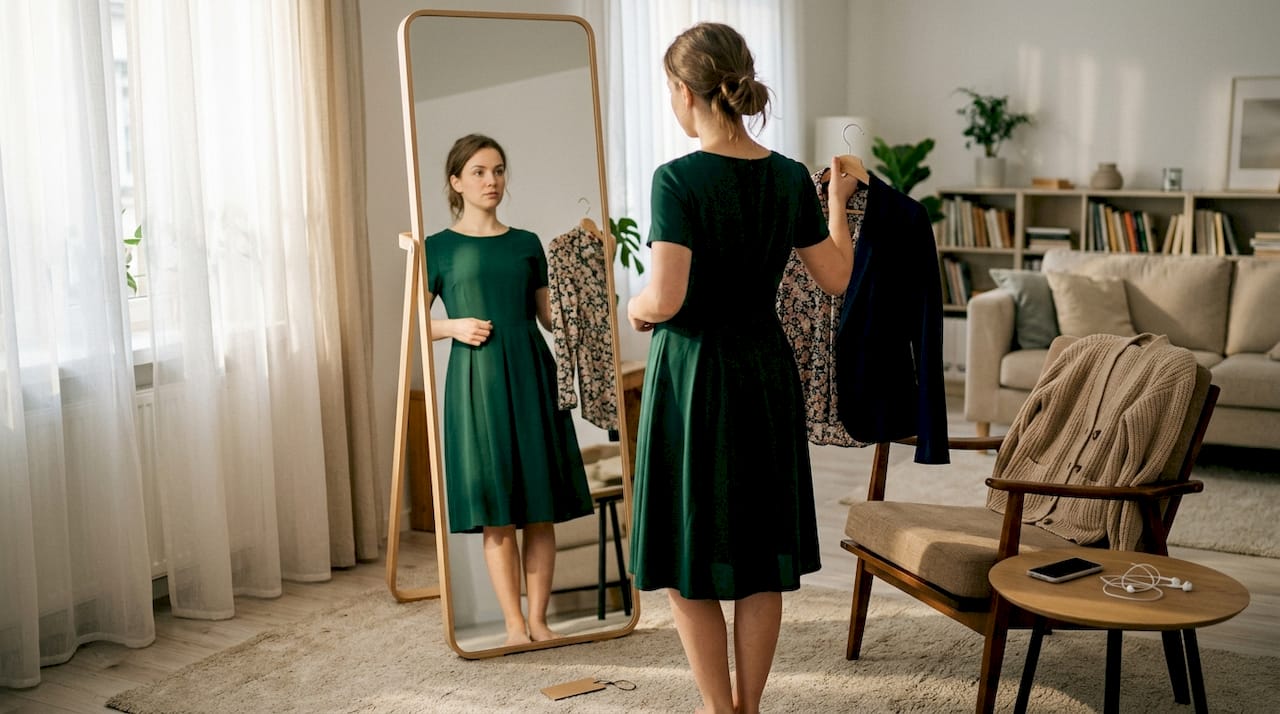 Жена стои пред гардероба си у дома и се чуди кое от любимите си облекла да избере за деня.