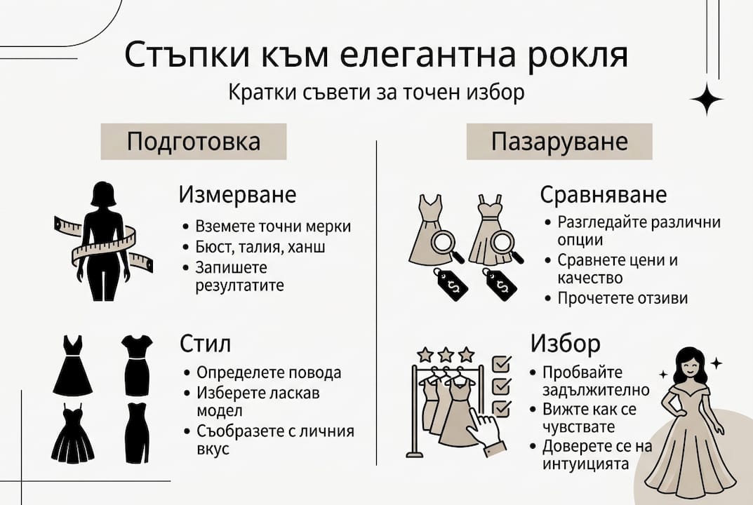 Инфографика с основни стъпки при избора на елегантна рокля
