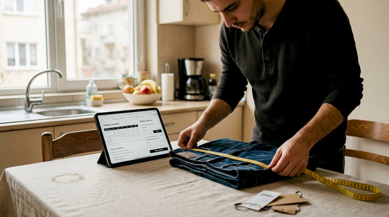 Човек премерва размерите на дънките си с метър, за да провери дали ще му паснат.