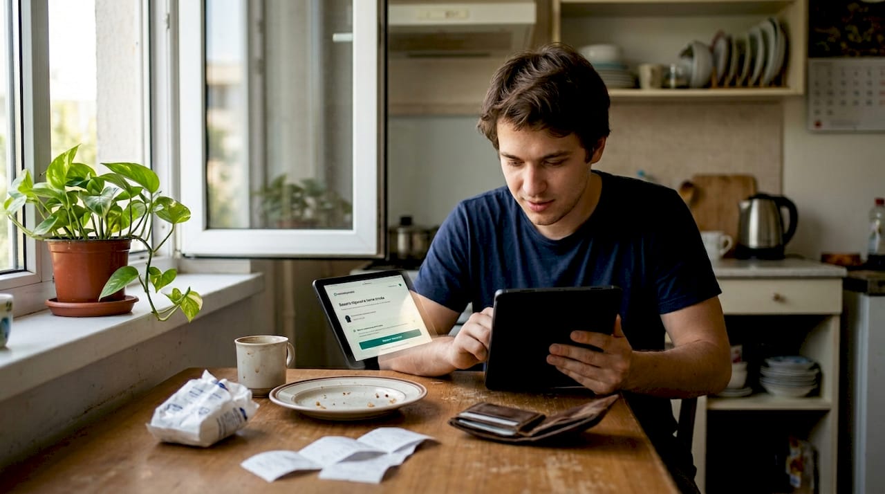 Мъж попълва онлайн поръчка, седнал на кухненската маса.