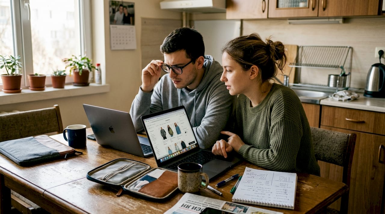 Two people sitting at a kitchen table and looking at clothes online, discussing what suits them best.