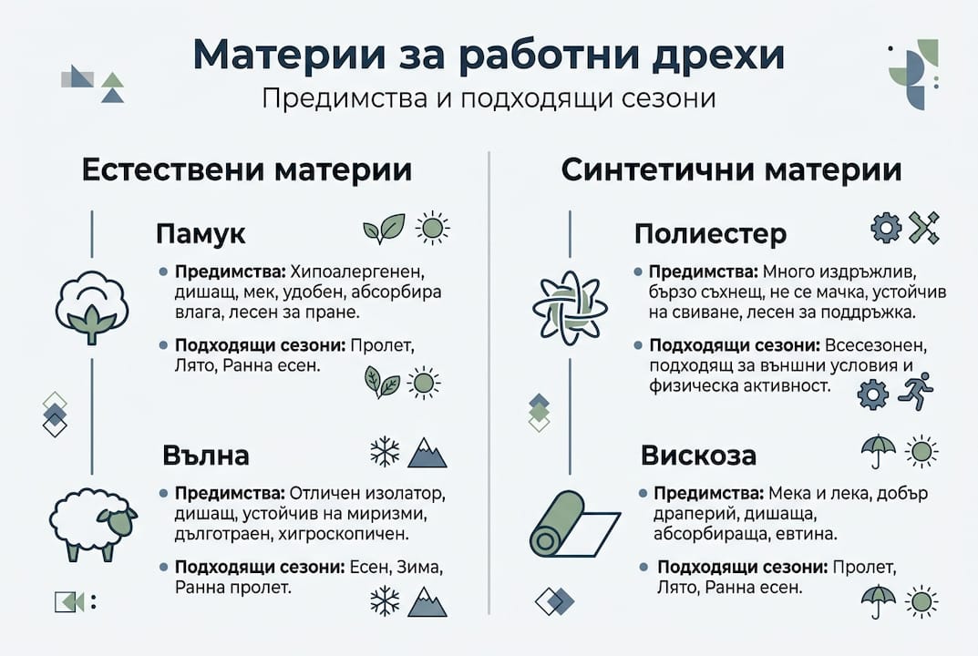 Инфографика, която показва сравнението между различните видове платове, използвани за работно облекло