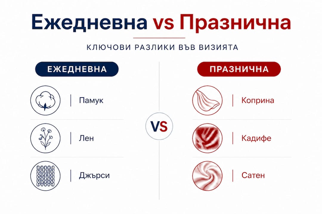 Визуална таблица показва разликите между ежедневния и празничния стил на обличане.