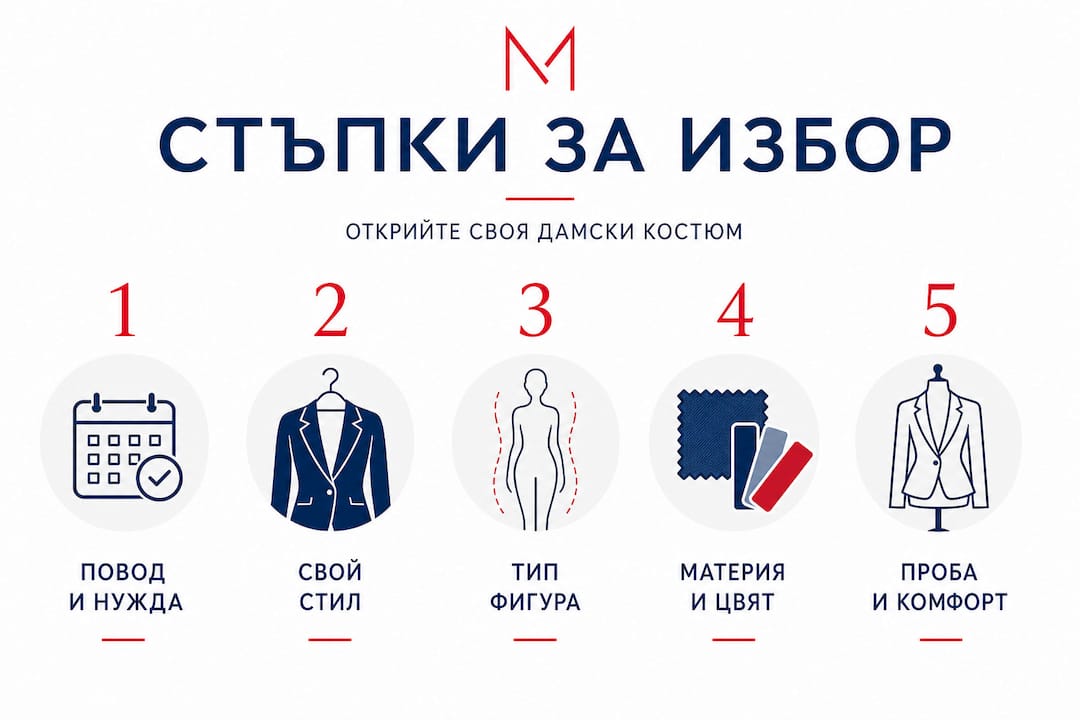 Вертикална инфографика: пет лесни стъпки към идеалния дамски костюм