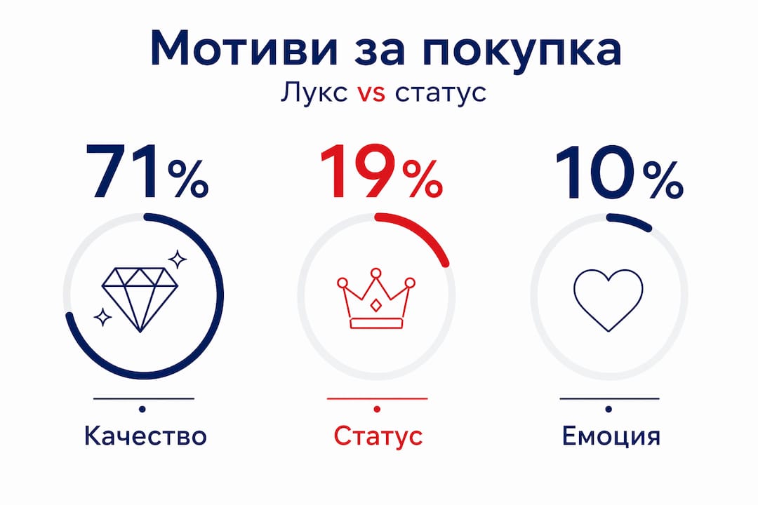 Инфографика, която представя данни за покупките на луксозни стоки и тези, направени с цел демонстрация на статус.