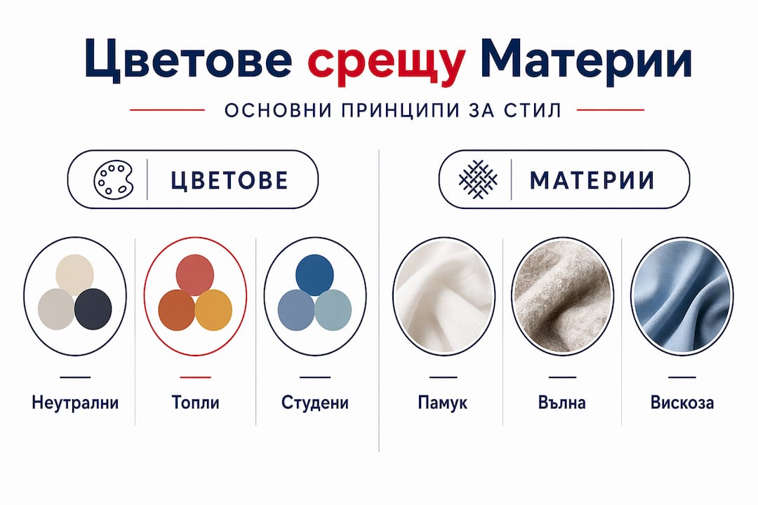 Вижте нагледно сравнение на различни цветове и материи за панталони и блузи в специално подготвената инфографика.