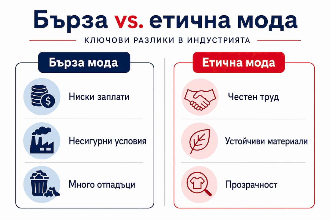 Инфографика, която представя основните разлики между бързата мода и етичната мода