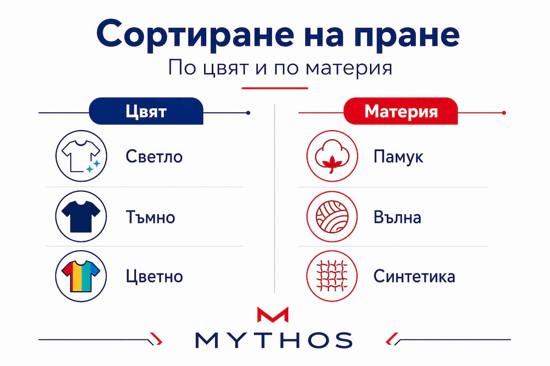Визуално представяне на начините за подреждане на дрехи според техния цвят и тип плат.
