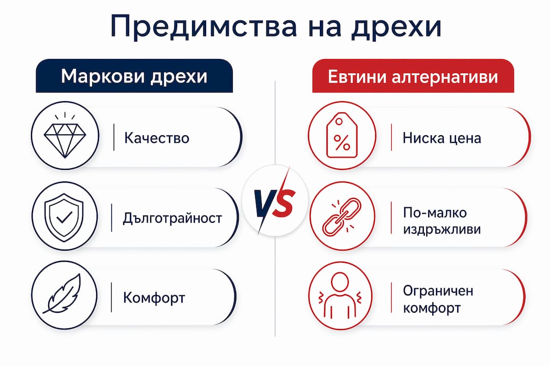 Инфографика, която показва плюсовете и минусите на марковите дрехи спрямо по-евтините варианти