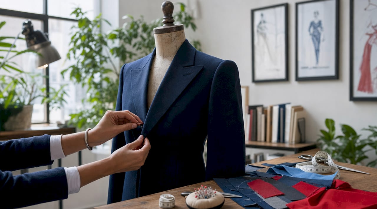 Close-up of hands carefully tailoring an elegant blazer on a mannequin.