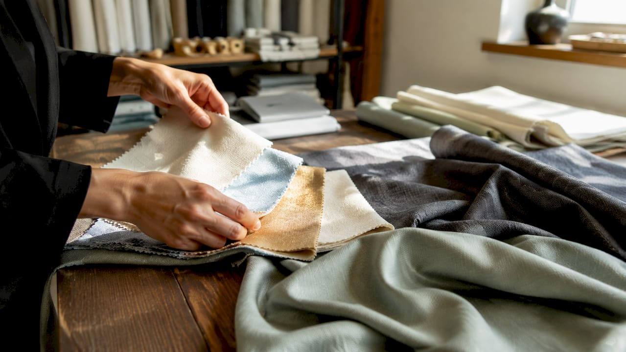 Two hands examine patterned fabrics, choosing the most suitable for new clothes in the wardrobe.