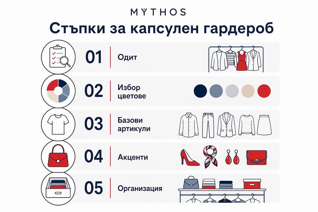 Infographic with the main steps for creating a perfect capsule wardrobe