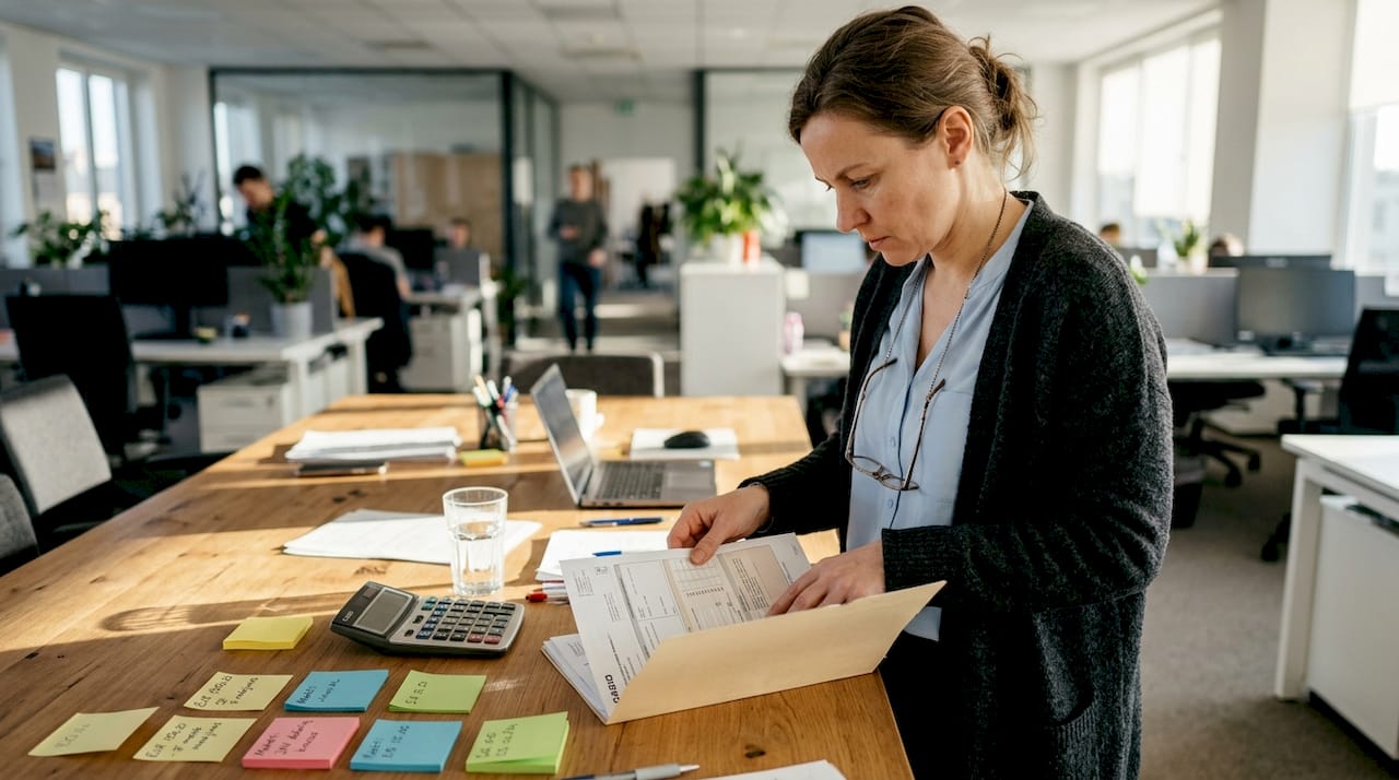 Finansų vadovas kruopščiai tikrina tarptautinių mokėjimų dokumentus.