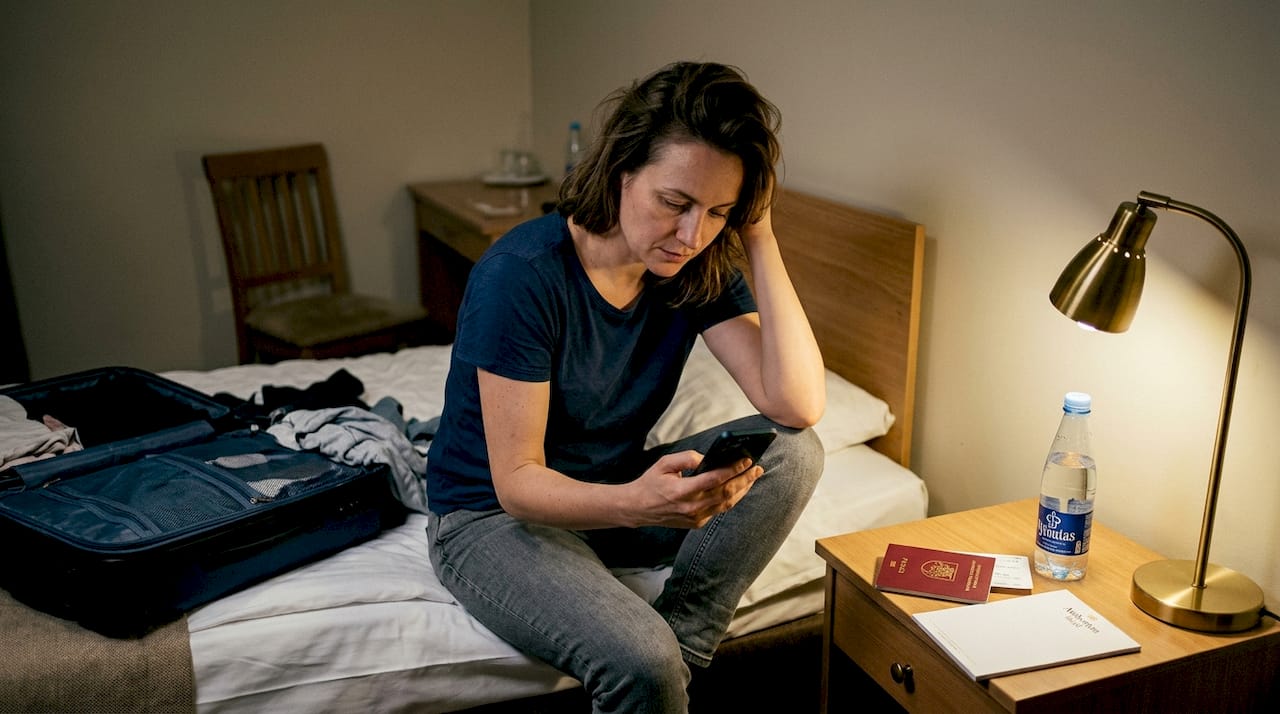 Kelionėje viešbučio kambaryje keliautojas naršo valiutų kursus ir tikrina, kiek pinigų reikės artimiausioms išlaidoms.