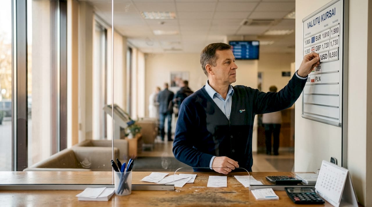 Banko darbuotojas filialo viduje atnaujina valiutų kursus.