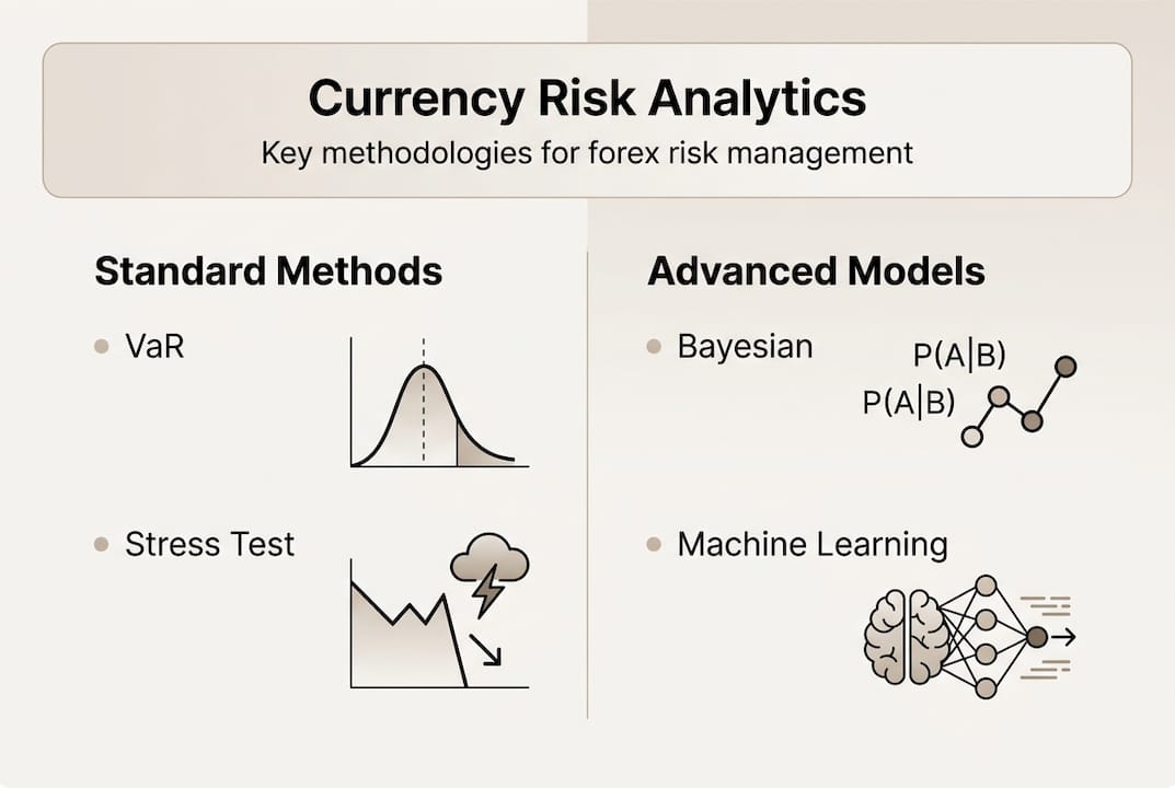 Infographic showing currency risk analytics methods