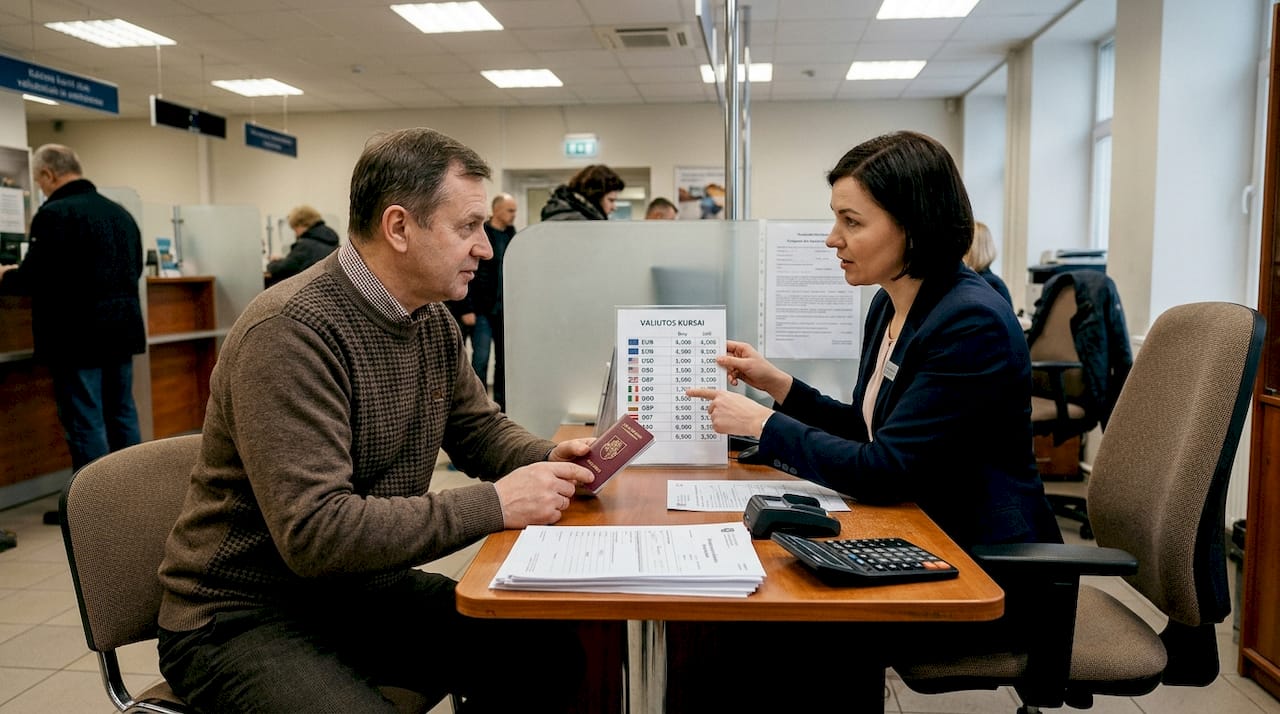 Banko klientas pasiteirauja apie valiutų kursus