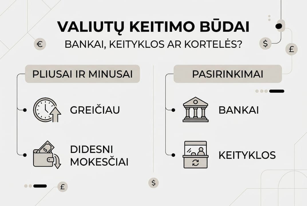 Infografikas: skirtingų valiutos keitimo būdų apžvalga