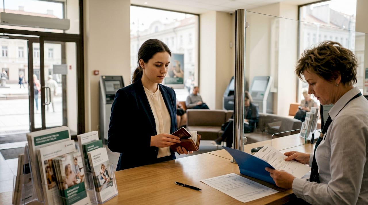 Prie banko valiutų keitimo skyriaus laukia moteris.