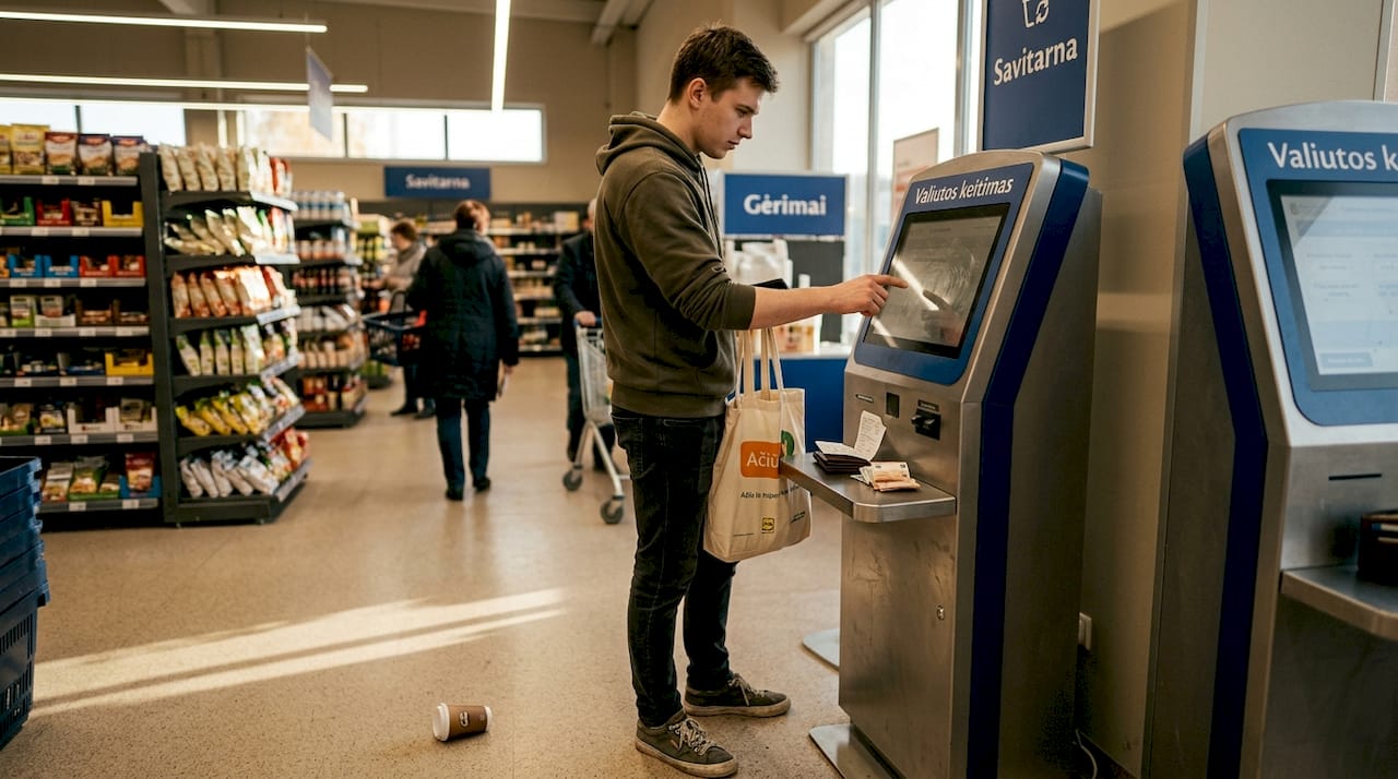 Vyras naudojasi savitarnos valiutų keitimo aparatu
