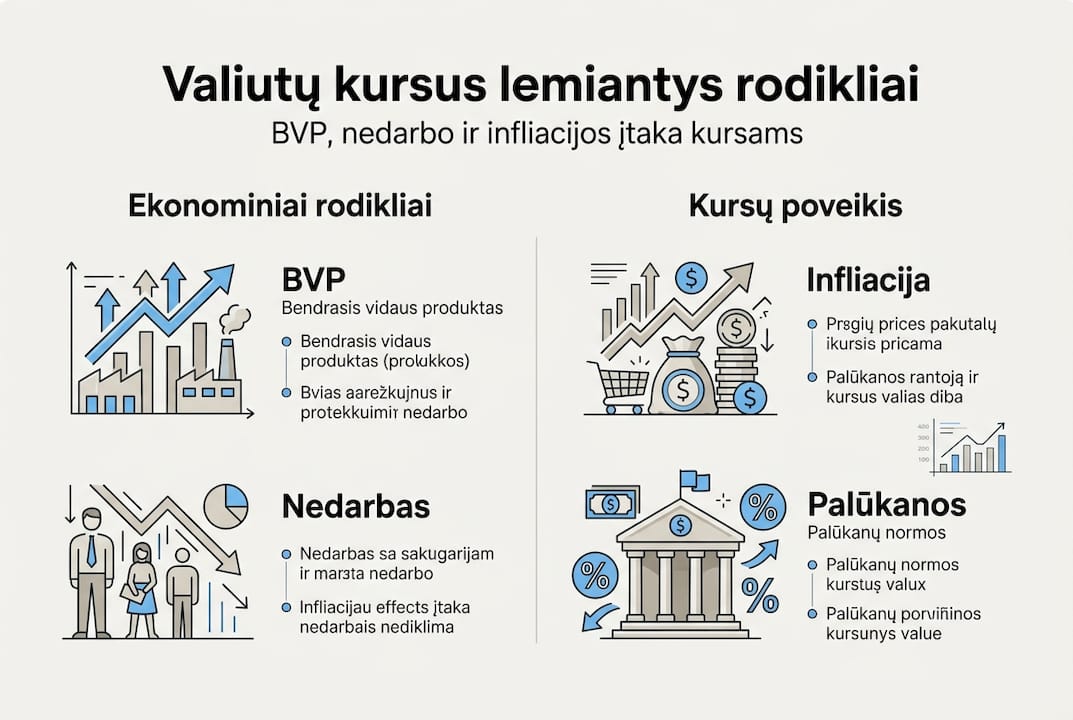 Vizualiai pateikti pagrindiniai ekonominiai rodikliai ir valiutų kursų dinamika