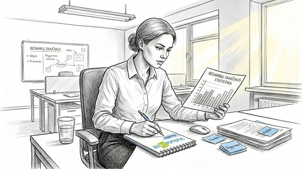 Biuro darbuotojas analizuoja nedarbo statistiką