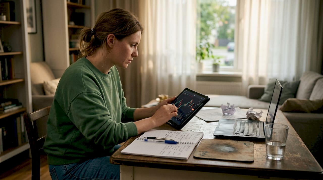 Prie darbo stalo sėdinti moteris susikaupusi stengiasi suvaldyti savo emocijas, kylant prekybos sprendimų metu.