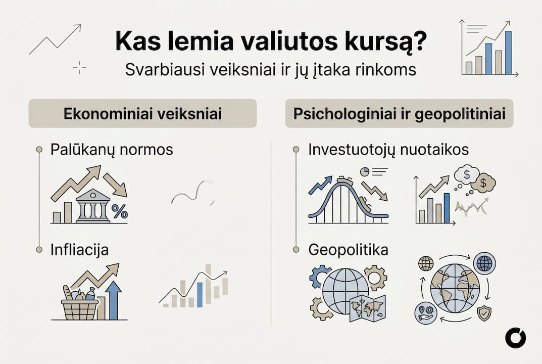 Pagrindiniai veiksniai, darantys įtaką valiutų kursams: infografikas