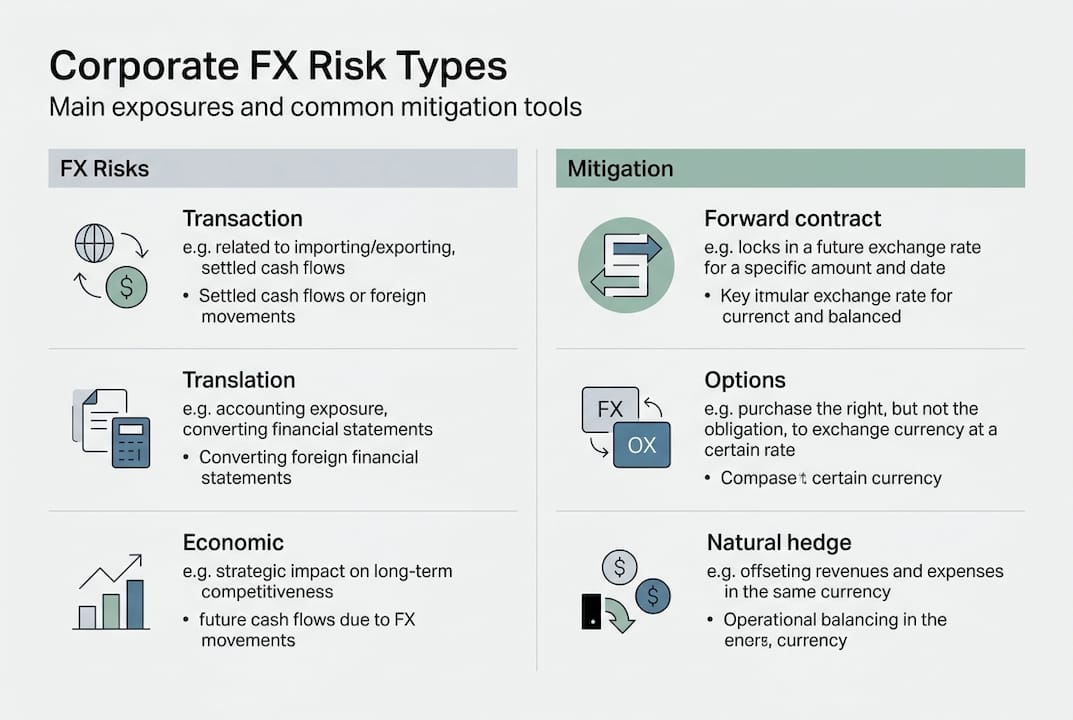Infographic summarizing FX risk types and mitigation