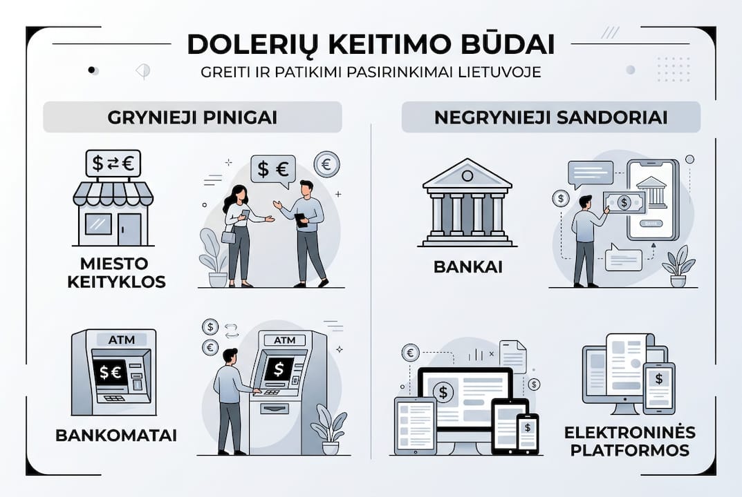 Infografikas apie pagrindinius būdus, kaip galima keisti valiutą