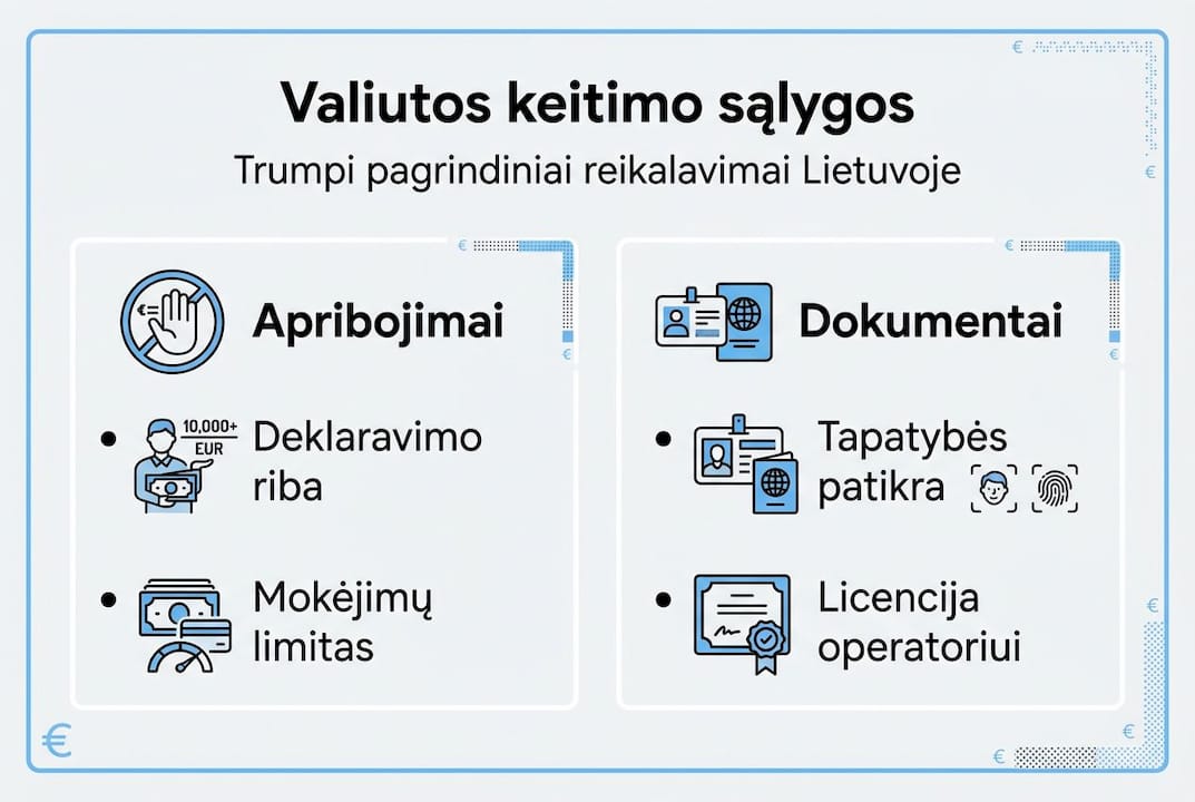 Vizualinė informacija apie svarbiausius valiutos keitimo reikalavimus