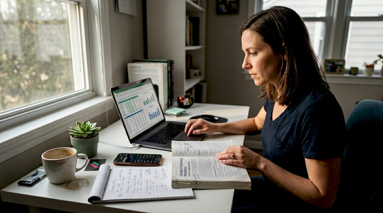 Woman inputting FX data in home office