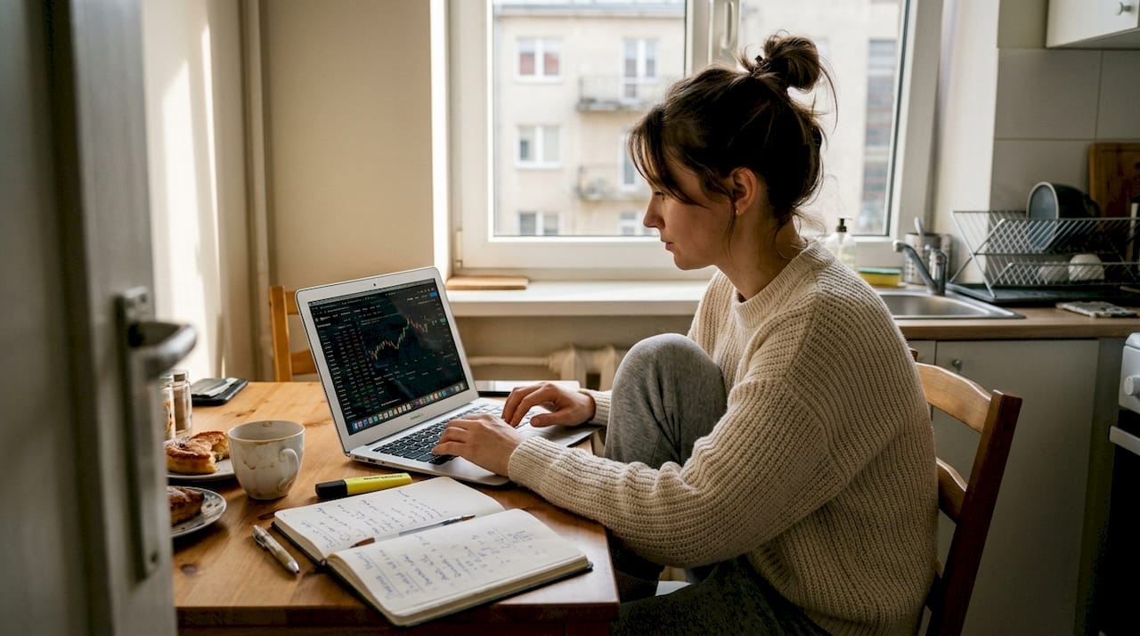 Moteris, sėdėdama prie virtuvės stalo, prekiauja valiutomis savo nešiojamajame kompiuteryje.