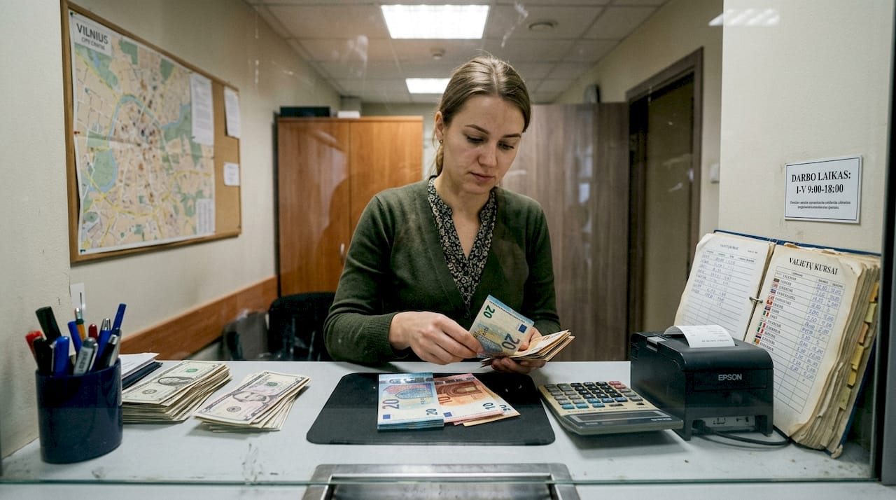 Darbuotojas valiutos keitykloje kruopščiai skaičiuoja eurų banknotus.