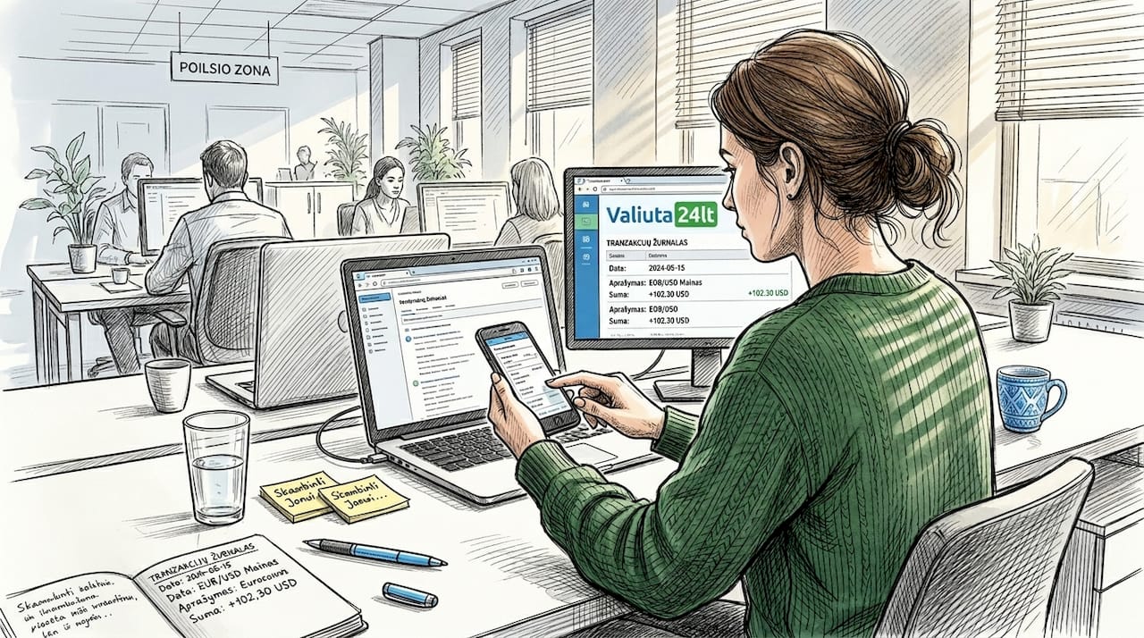 Moteris naudojasi finansinių technologijų programėle valiutai keisti.