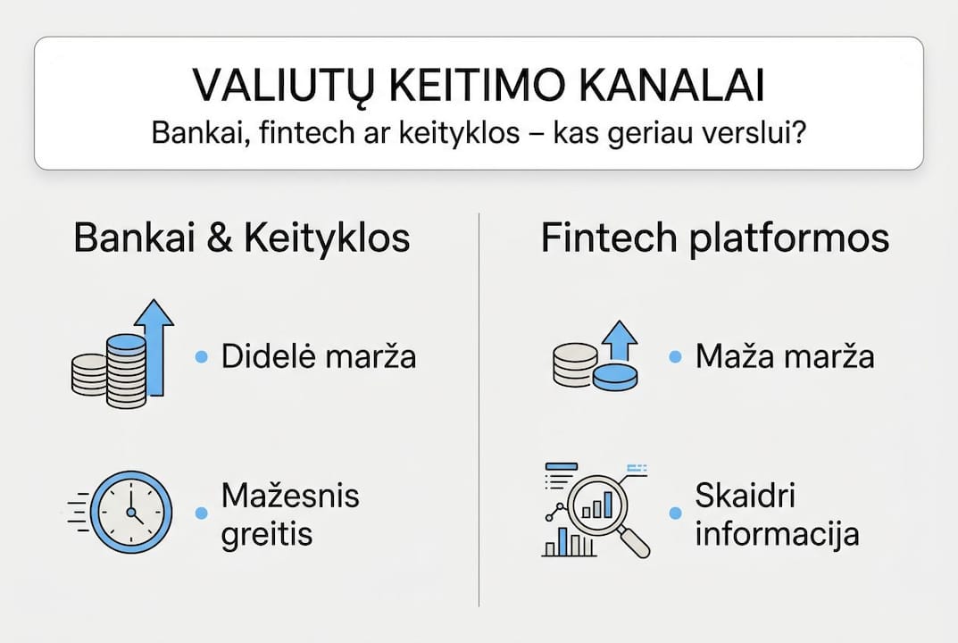 Infografikas: verslo valiutų keitimo būdų palyginimas