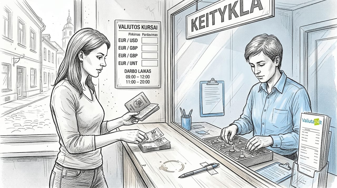 Klientas keičia valiutą valiutos keitykloje.