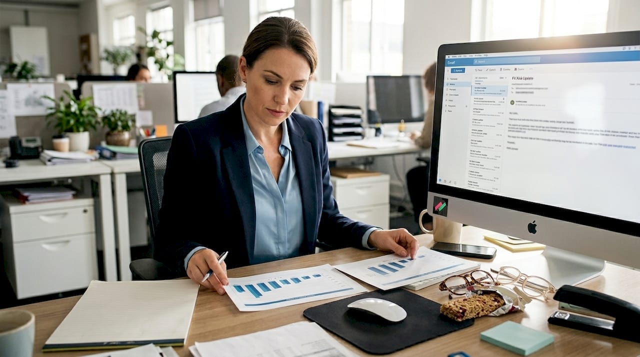 Analyst reviews currency risk charts at workstation