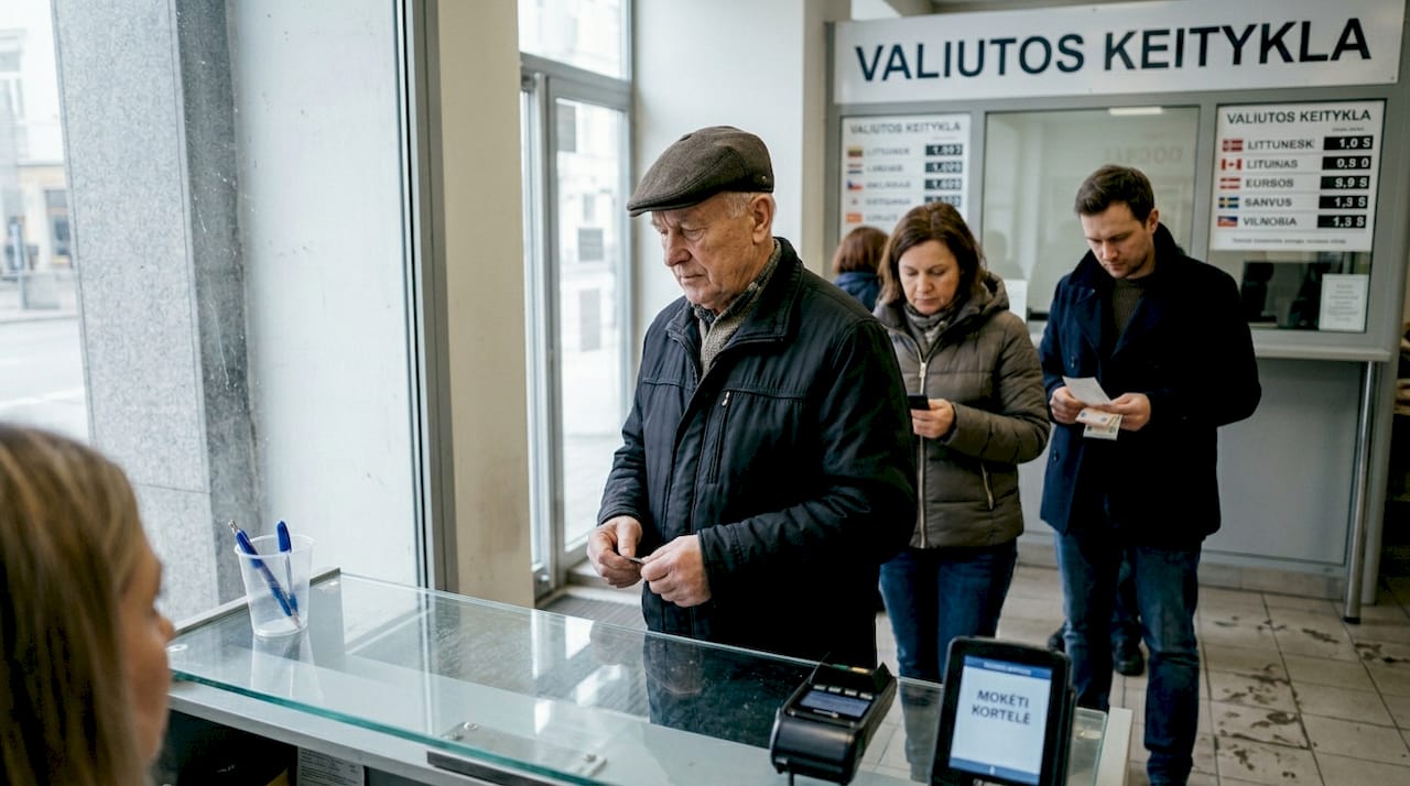 Klientas laukia prie valiutos keityklos Vilniuje.