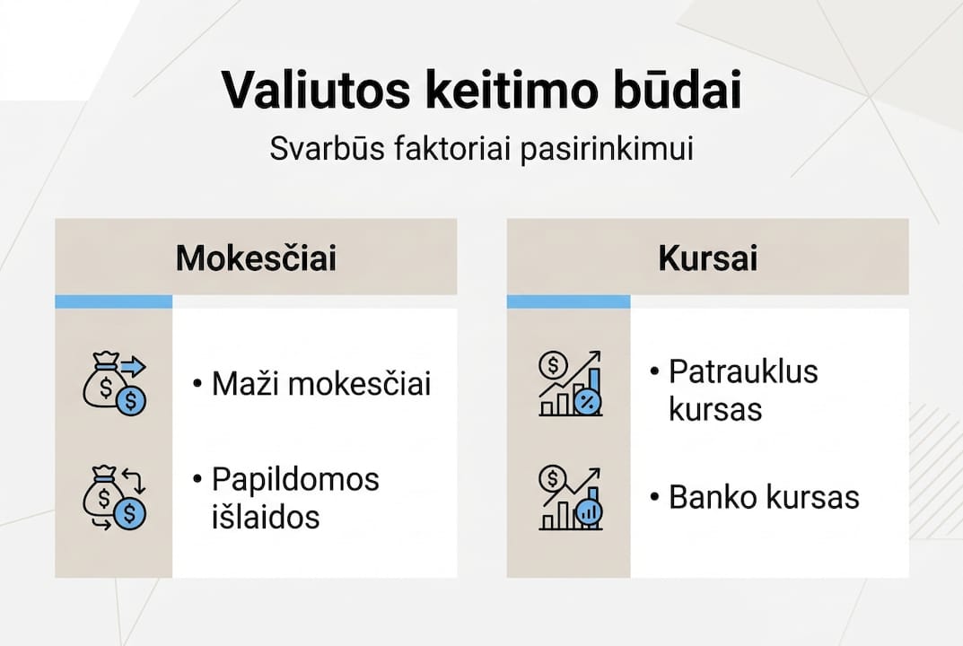 Infografikas: skirtingų valiutos keitimo būdų apžvalga ir palyginimas