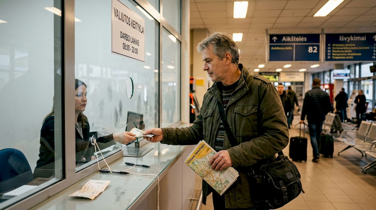 Klientas greitai atlieka valiutos keitimą prie kasos langelio.