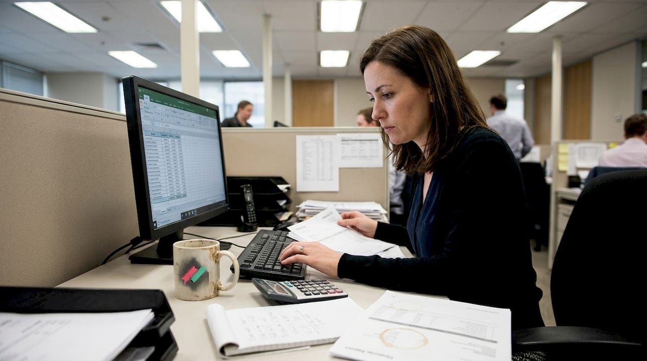 Accountant inputs multi-currency data at desk