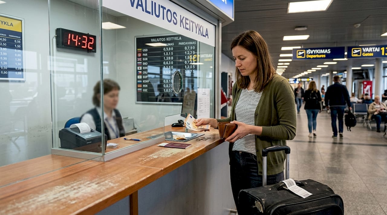 Kelionės pradžioje oro uoste keliautojas keičia pinigus valiutos keitykloje.