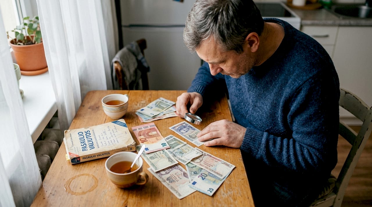 Vyras namuose apžiūrinėja retus užsienio banknotus