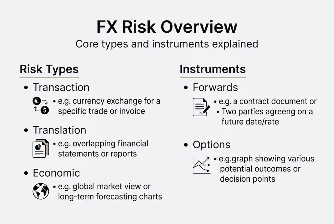 Infographic showing FX risk types and tools