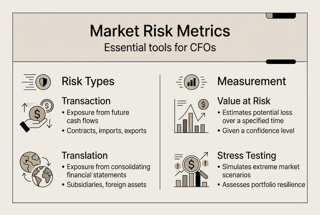 Infographic showing FX risk types and metrics