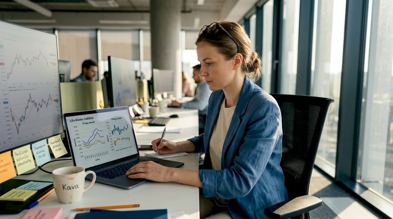 Finansų analitikas analizuoja likvidumo grafiką