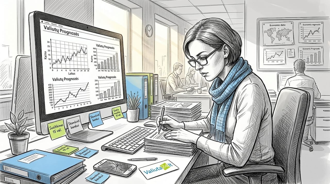 Prie darbo stalo sėdinti moteris kruopščiai nagrinėja ekonominius duomenis.