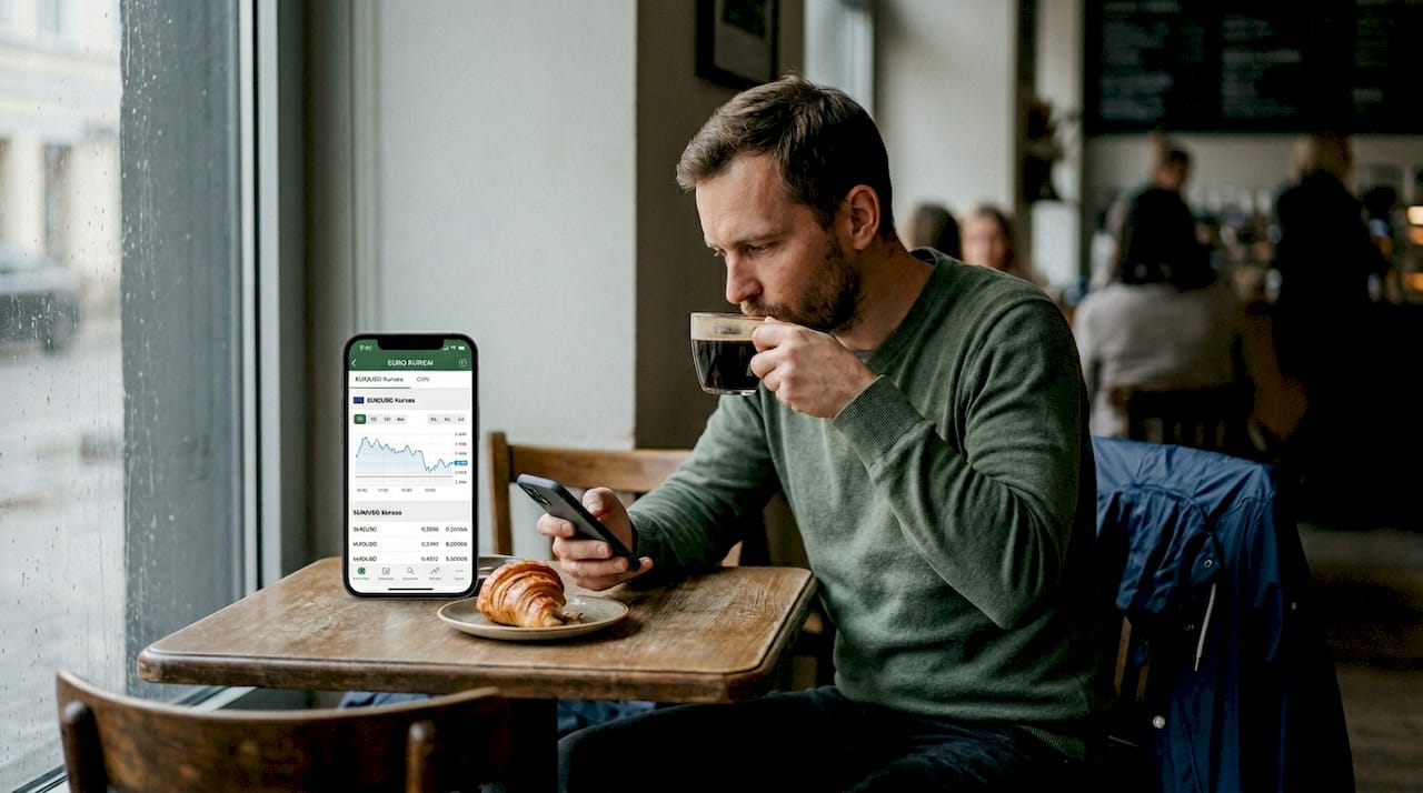 Kavinėje sėdintis vyras naršo telefone ir žiūri, koks šiandien euro kursas.